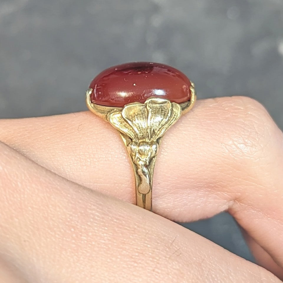 Art Nouveau Carnelian Cabochon 14 Karat Yellow Gold Antique Poppy Ring Wilson's Estate Jewelry