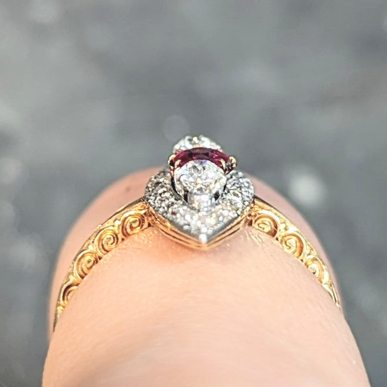 Edwardian 0.62 CTW Ruby Diamond Platinum 18 Karat Yellow Gold Scroll Antique Navette Ring Wilson's Estate Jewelry