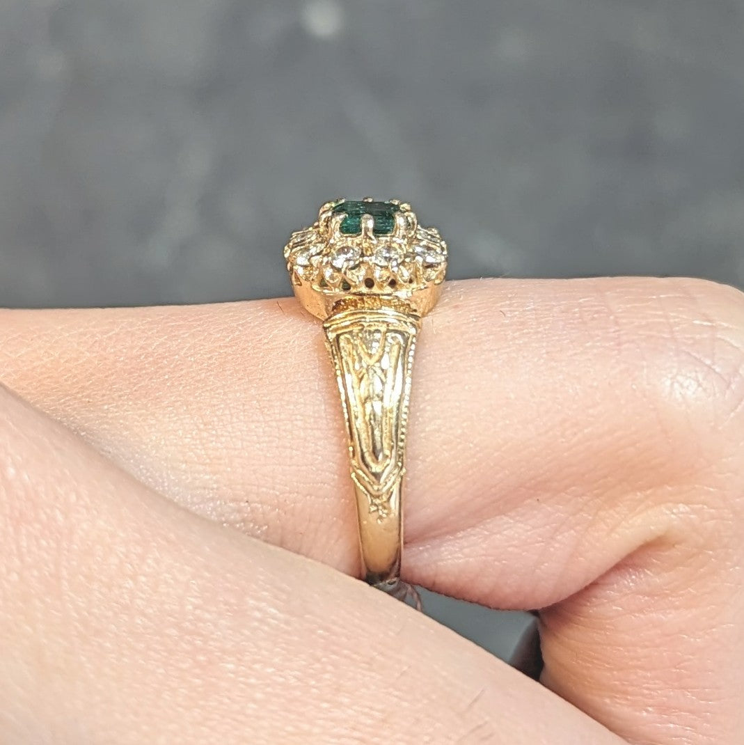 Victorian 0.65 CTW Emerald Diamond 14 Karat Yellow Gold Antique Halo Ring Wilson's Estate Jewelry