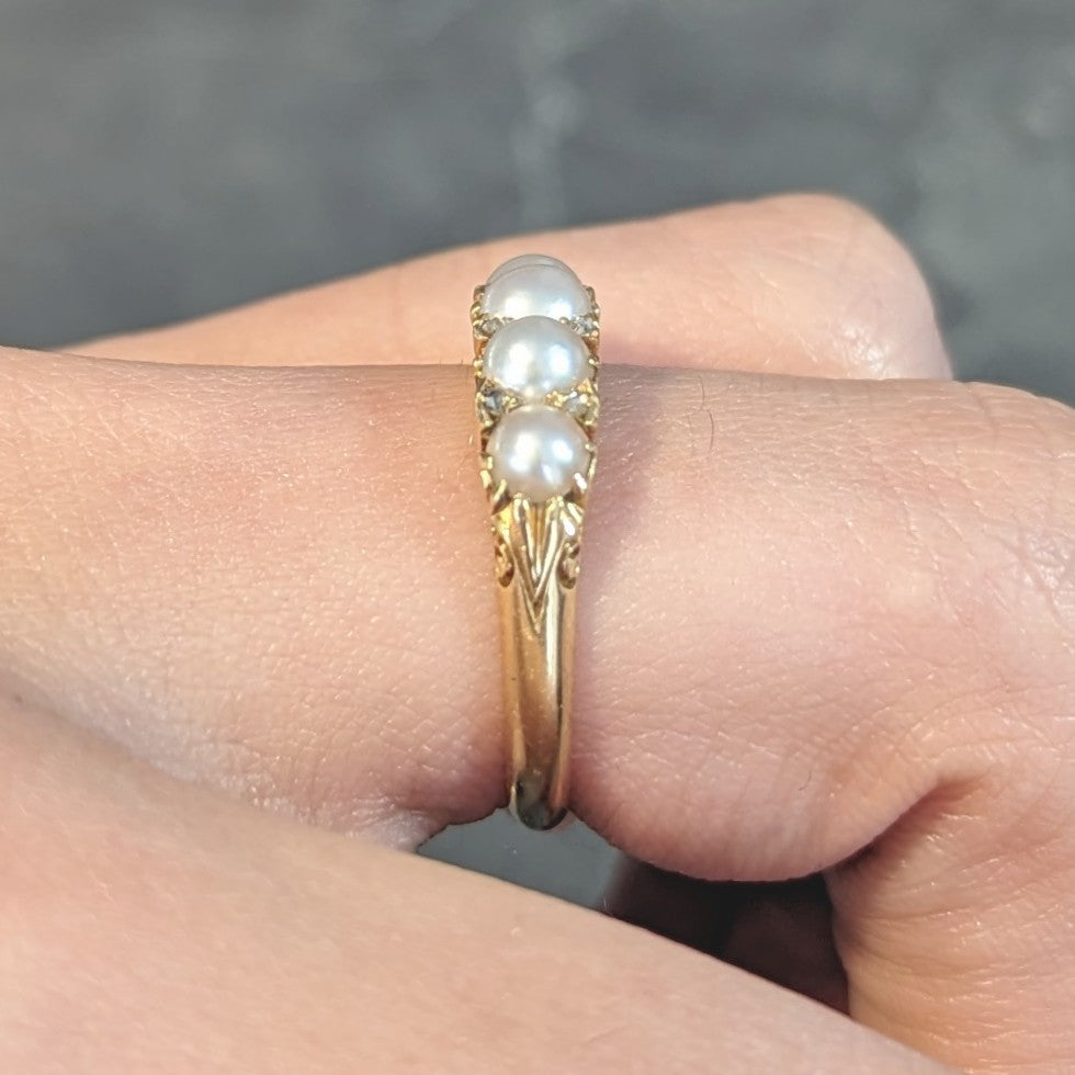 Victorian Pearl Diamond 18 Karat Yellow Gold Scrolling Three Stone Antique Band Ring Wilson's Estate Jewelry