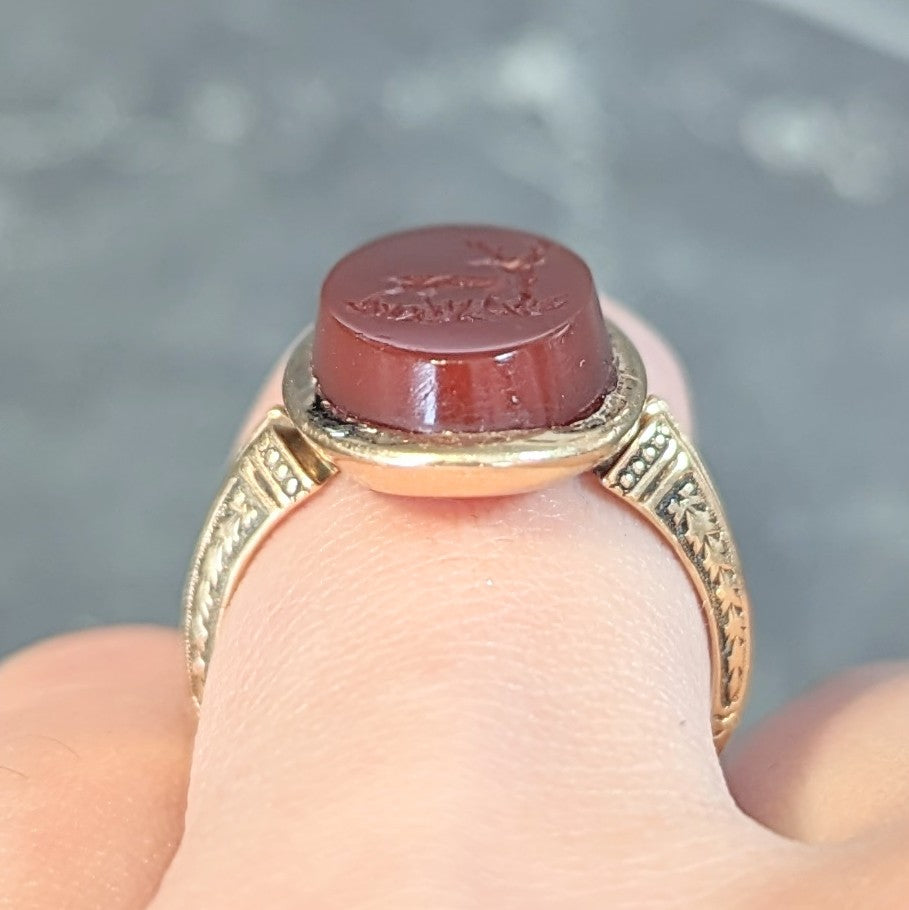 Victorian Carnelian 18 Karat Yellow Gold Stag Deer Intaglio Antique Signet Ring Wilson's Estate Jewelry