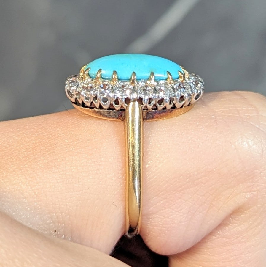 Edwardian Diamond Turquoise Platinum 14 Karat Yellow Gold Antique Halo Ring Wilson's Estate Jewelry