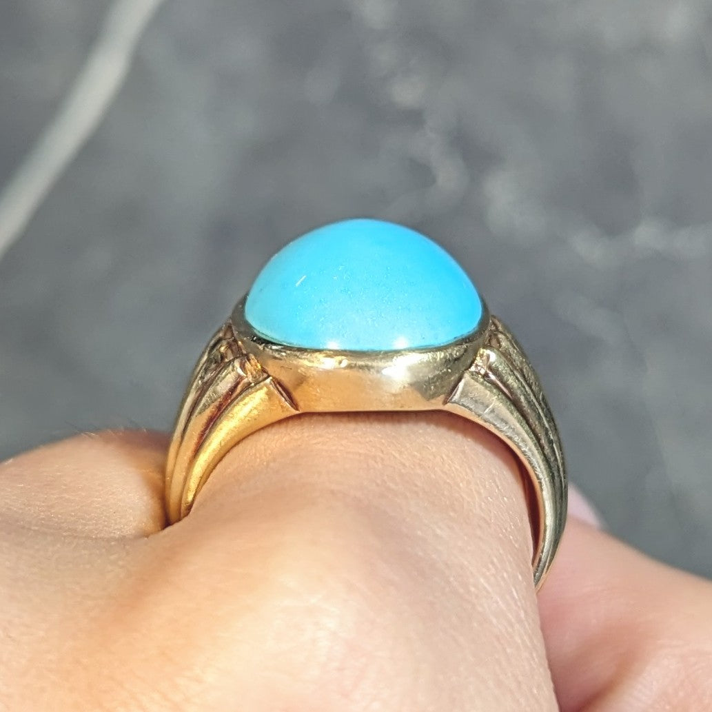 Retro Jones & Woodland Turquoise 14 Karat Yellow Gold Fanning Vintage Men's Signet Ring Wilson's Estate Jewelry