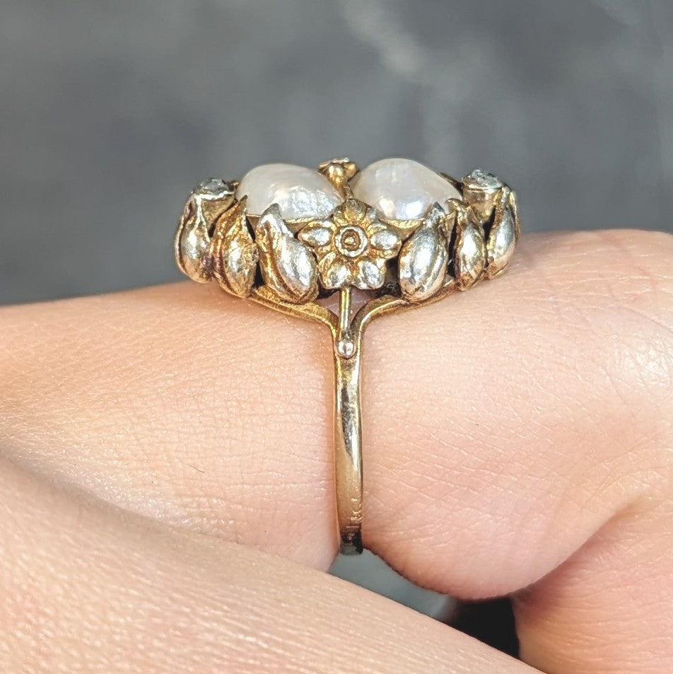 Arts & Crafts Diamond Baroque Pearl 14 Karat Yellow Gold Antique Floral Dinner Ring Wilson's Estate Jewelry