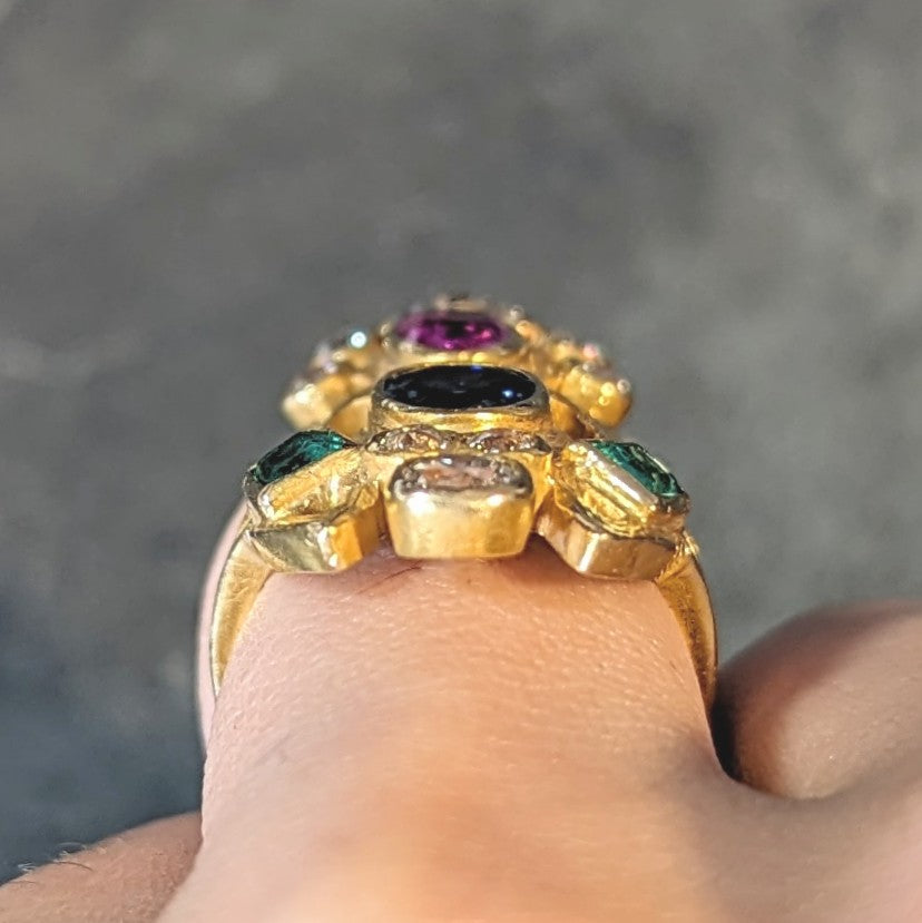 Arts & Crafts 3.73 CTW Ruby Emerald Sapphire Diamond 18 Karat Yellow Gold Antique Navette Ring Wilson's Estate Jewelry