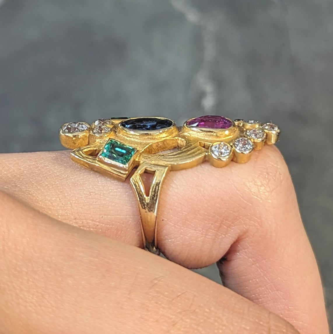 Arts & Crafts 3.73 CTW Ruby Emerald Sapphire Diamond 18 Karat Yellow Gold Antique Navette Ring Wilson's Estate Jewelry