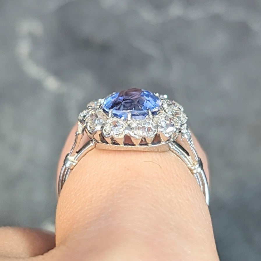 Art Deco 4.14 CTW No Heat Ceylon Sapphire Diamond Platinum Vintage Pear Halo Ring GIA Wilson's Estate Jewelry