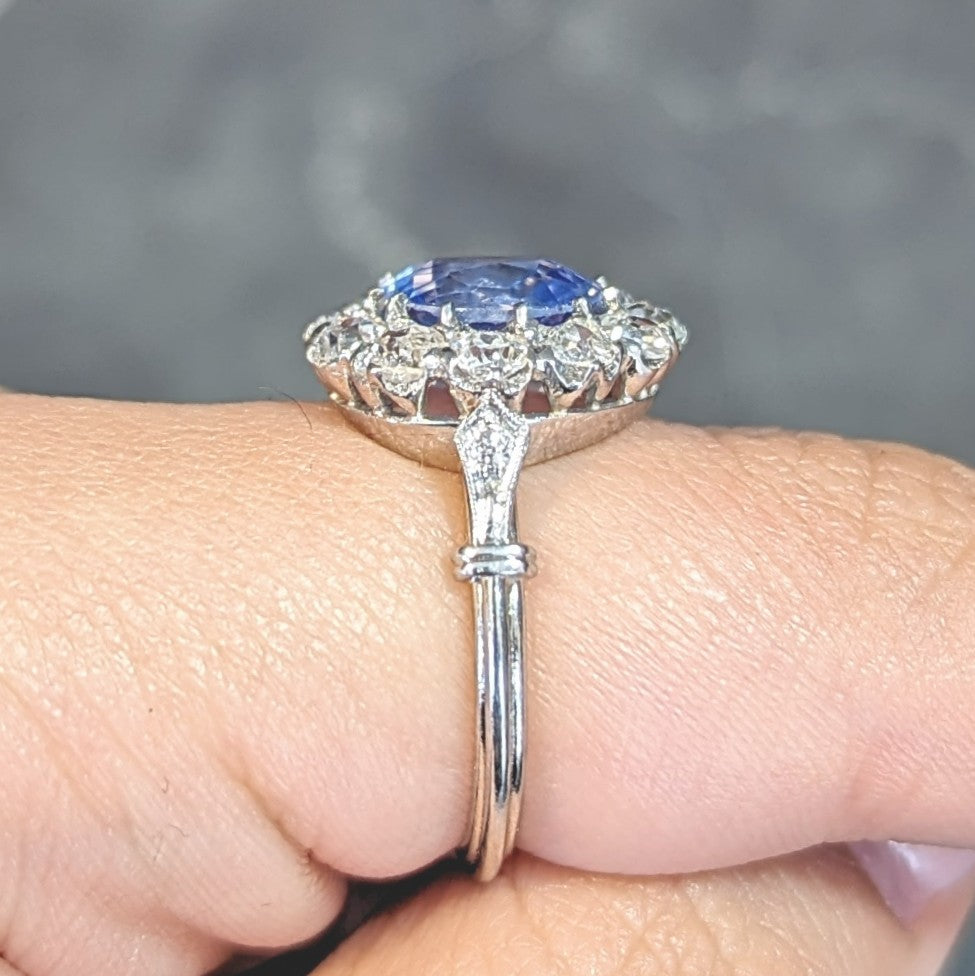 Art Deco 4.14 CTW No Heat Ceylon Sapphire Diamond Platinum Vintage Pear Halo Ring GIA Wilson's Estate Jewelry