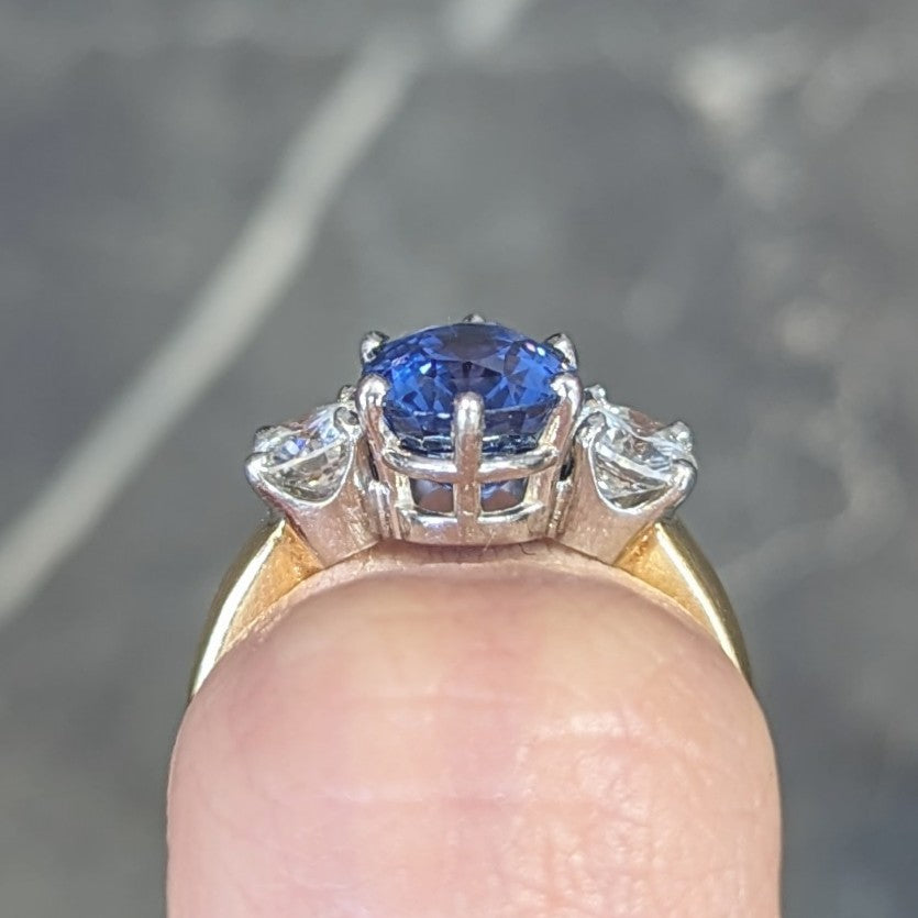 Vintage 3.86 CTW No Heat Ceylon Sapphire Diamond Platinum 18 Karat Gold Three Stone Ring GIA Wilson's Estate Jewelry