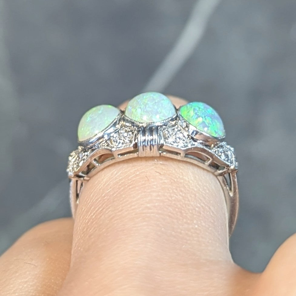 Late Art Deco Opal Cabochon Diamond Platinum Vintage Dinner Band Ring Wilson's Estate Jewelry