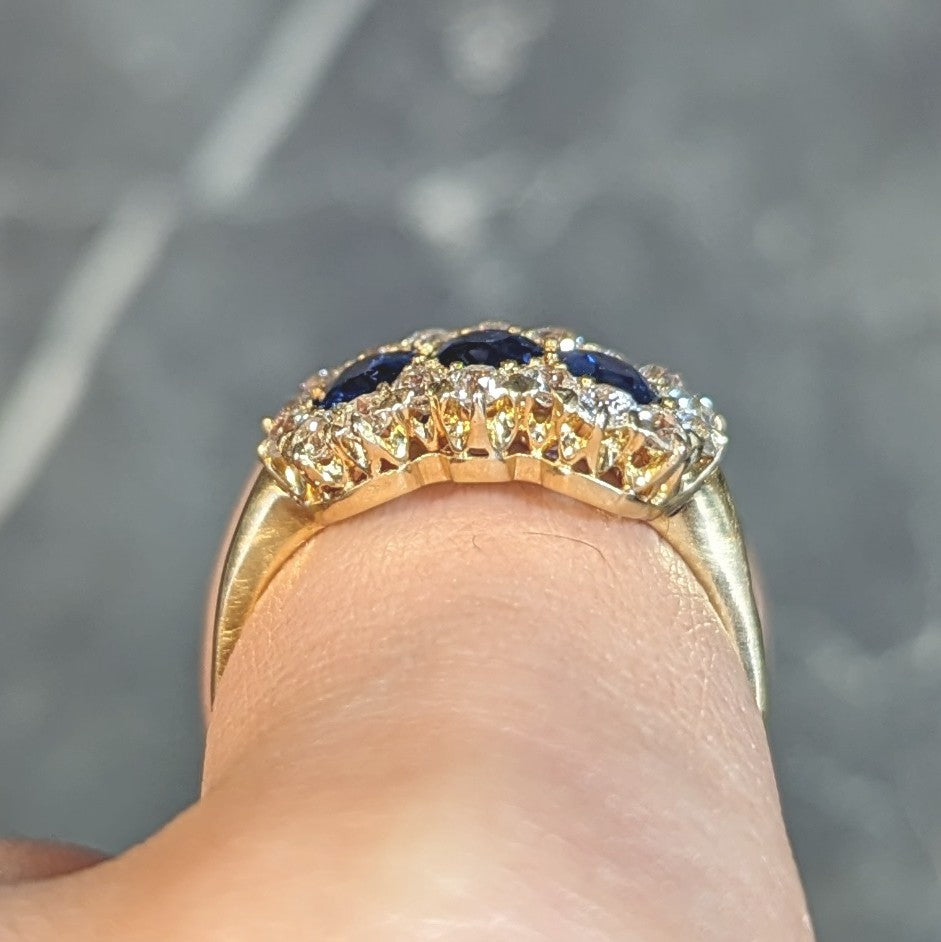 Victorian 2.58 CTW Sapphire Diamond 18 Karat Yellow Gold Antique Cluster Band Ring Wilson's Estate Jewelry