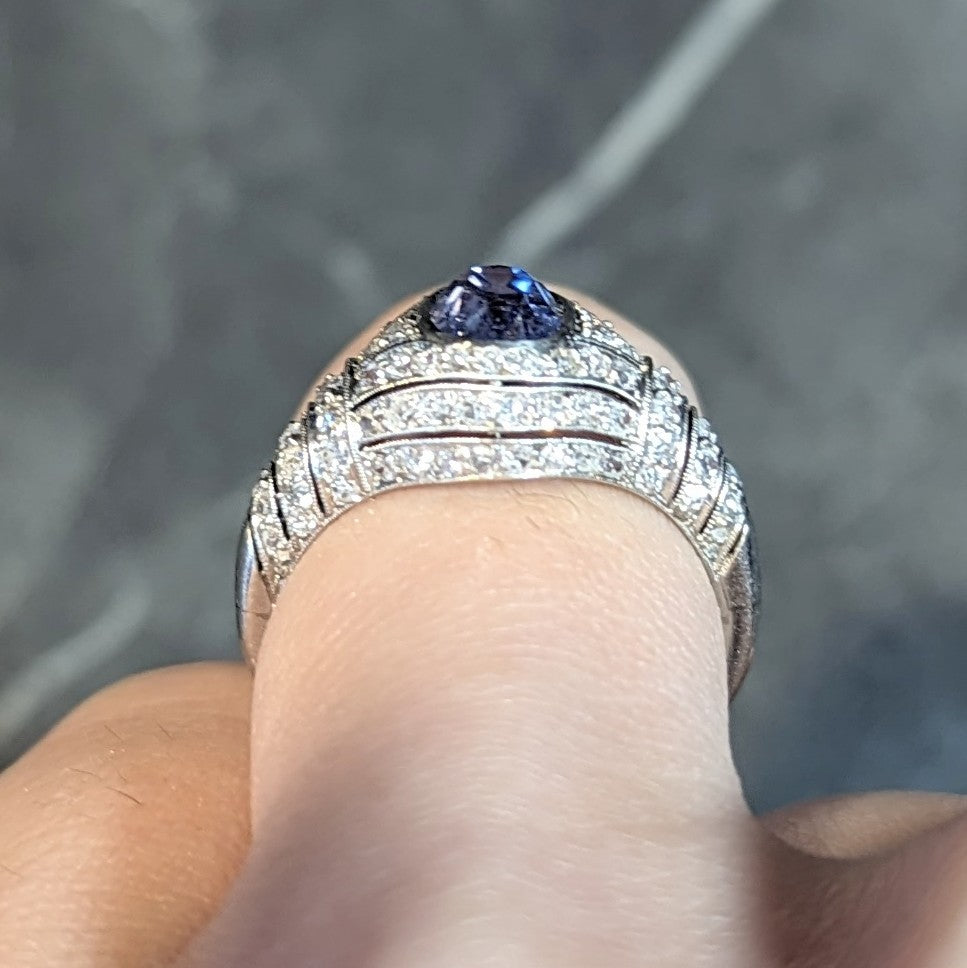 Art Deco 3.00 CTW No Heat Ceylon Blue Sapphire Diamond Platinum Bombé Vintage Ring GIA Wilson's Estate Jewelry