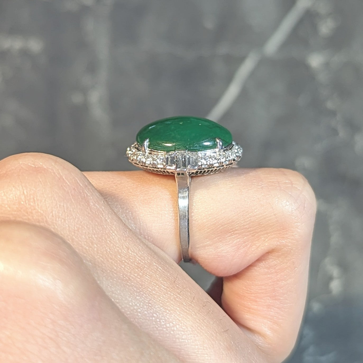 Mid-Century Natural Jadeite Jade Diamond Platinum Vintage Halo Ring GIA Wilson's Estate Jewelry