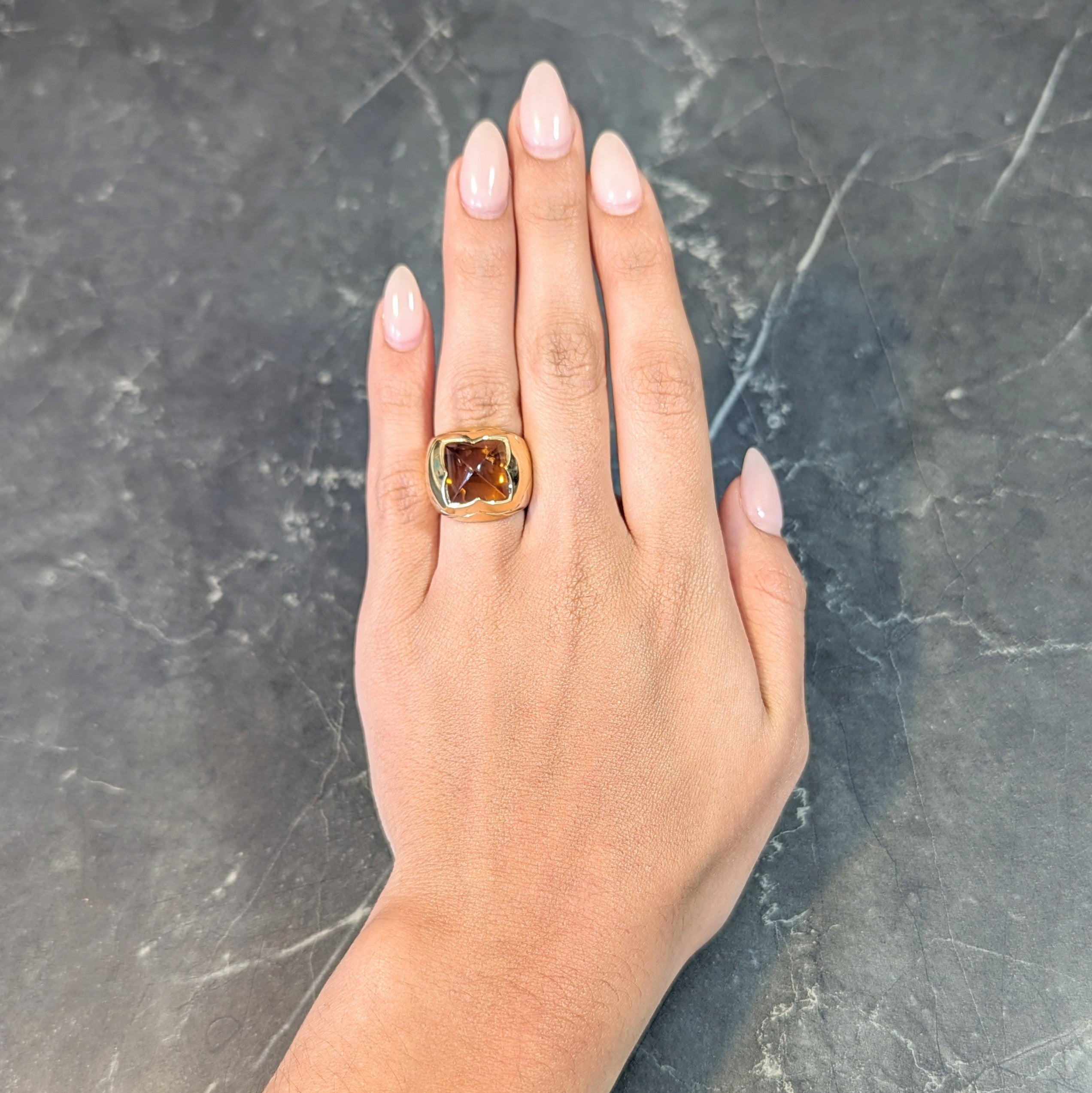 Bulgari Citrine 18 Karat Two-Tone Gold Pyramid Quatrefoil Dome Ring Wilson's Estate Jewelry