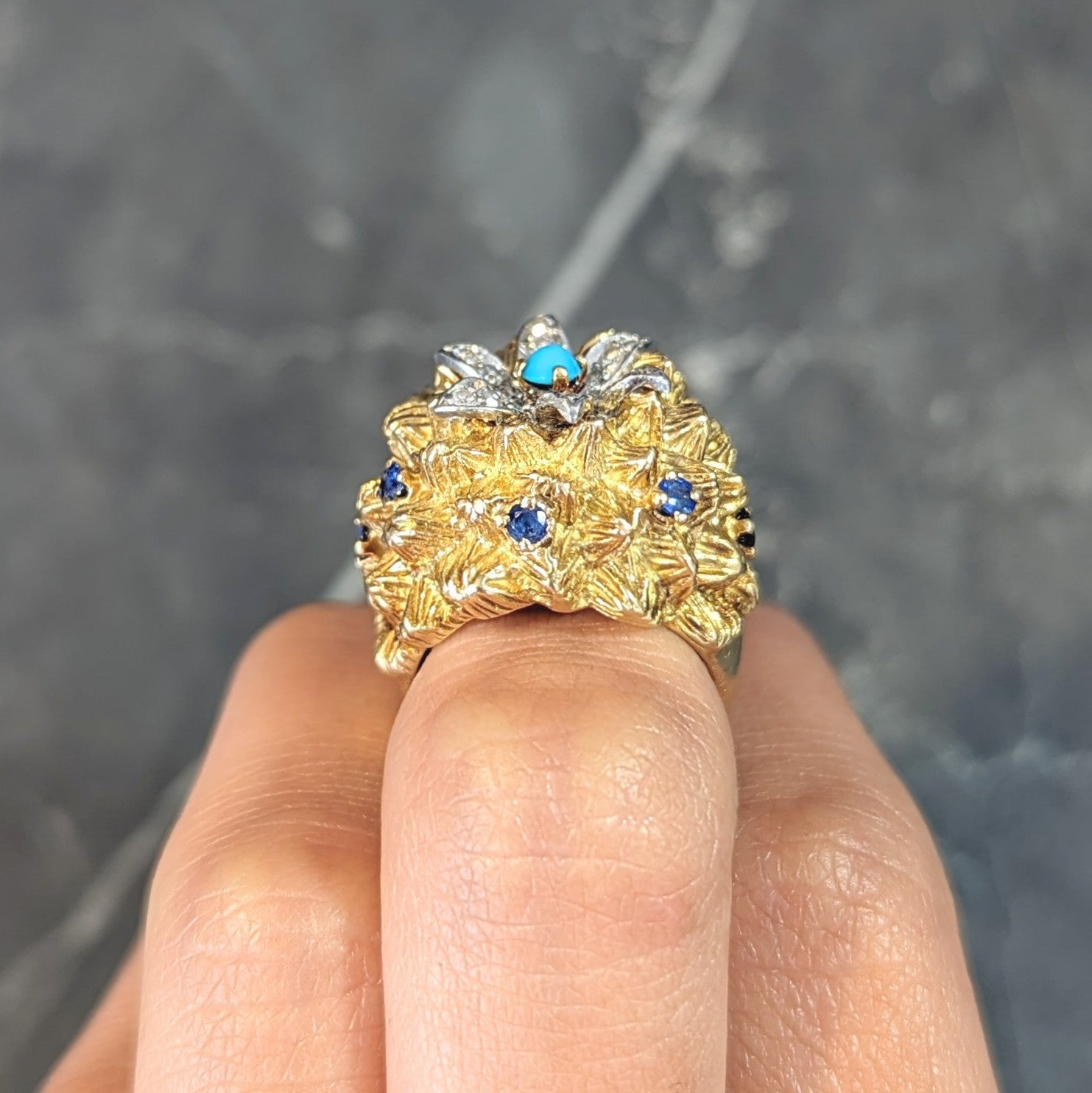 1960's French Sapphire Diamond Turquoise Platinum 18 Karat Yellow Gold Cactus Flower Ring Wilson's Estate Jewelry