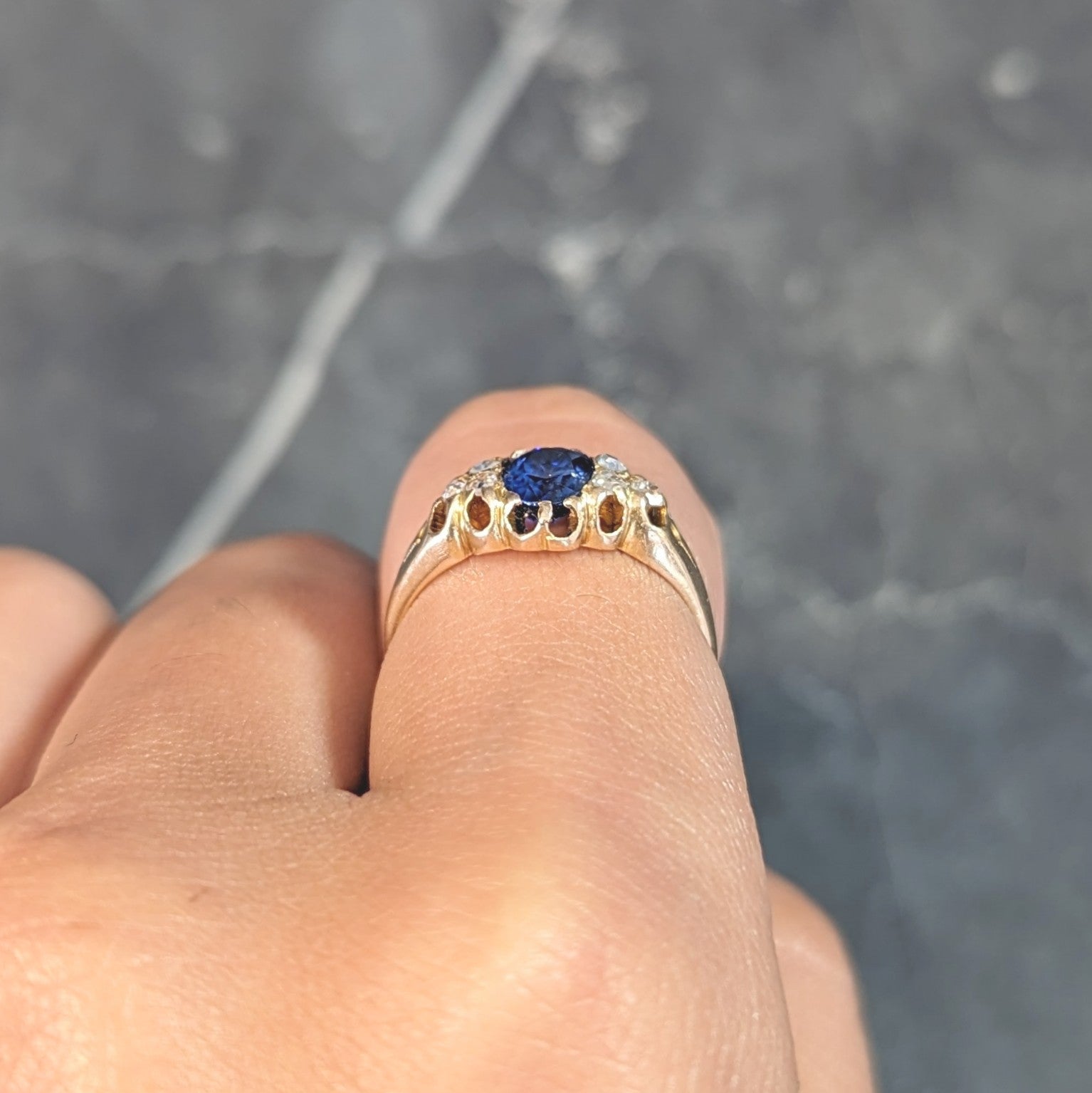 Victorian 1.30 CTW Sapphire Diamond 14 Karat Yellow Gold Belcher Antique Ring Wilson's Estate Jewelry