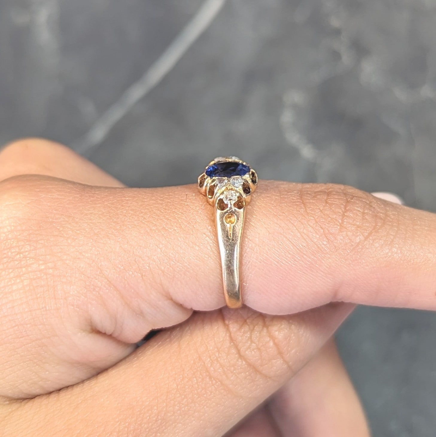 Victorian 1.30 CTW Sapphire Diamond 14 Karat Yellow Gold Belcher Antique Ring Wilson's Estate Jewelry