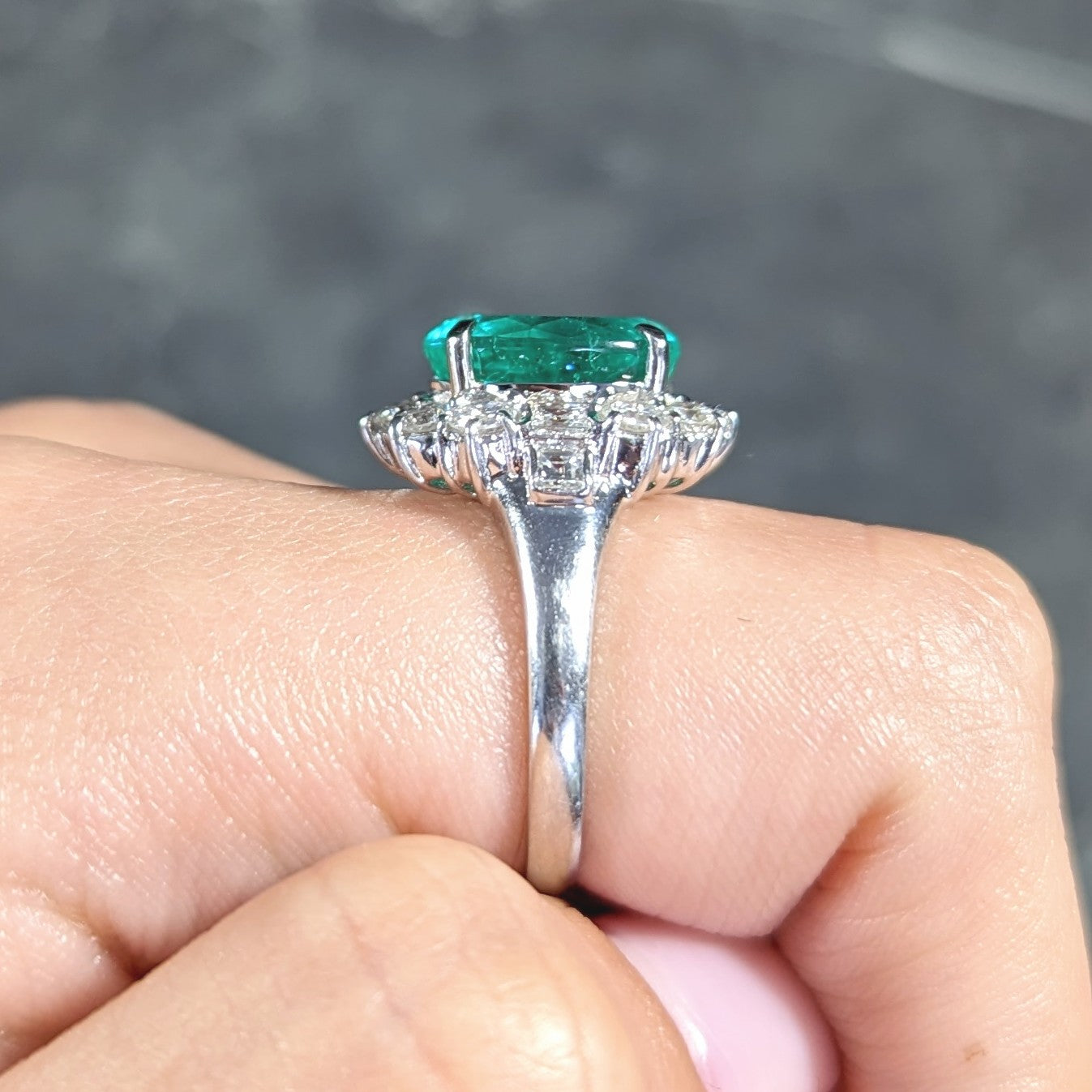 Contemporary 6.77 CTW Columbian Emerald Diamond Platinum Halo Ring GIA Wilson's Estate Jewelry