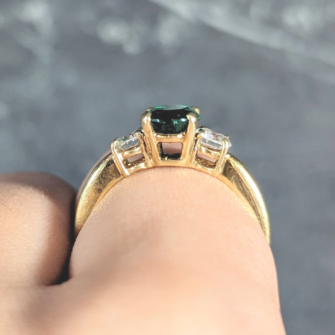 1990's 1.60 CTW Oval Cut Zambian Emerald Diamond 18 Karat Yellow Gold Vintage Three Stone GIA Wilson's Estate Jewelry