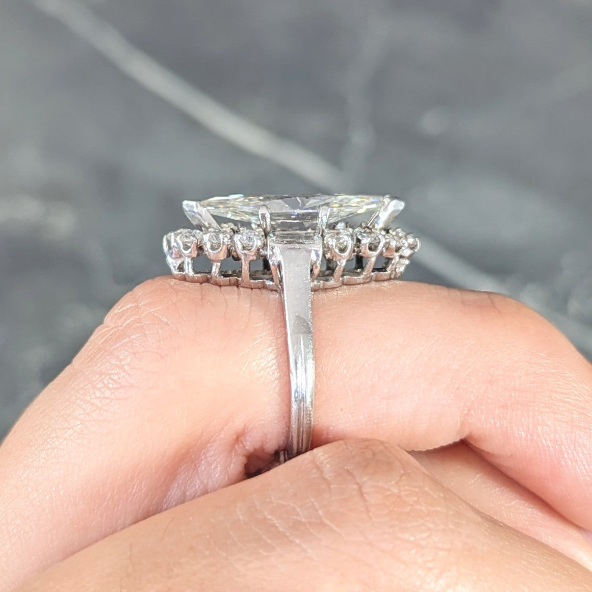 Mid-Century 2.42 CTW Marquise Cut Diamond Platinum Halo Vintage Engagement Ring Wilson's Estate Jewelry