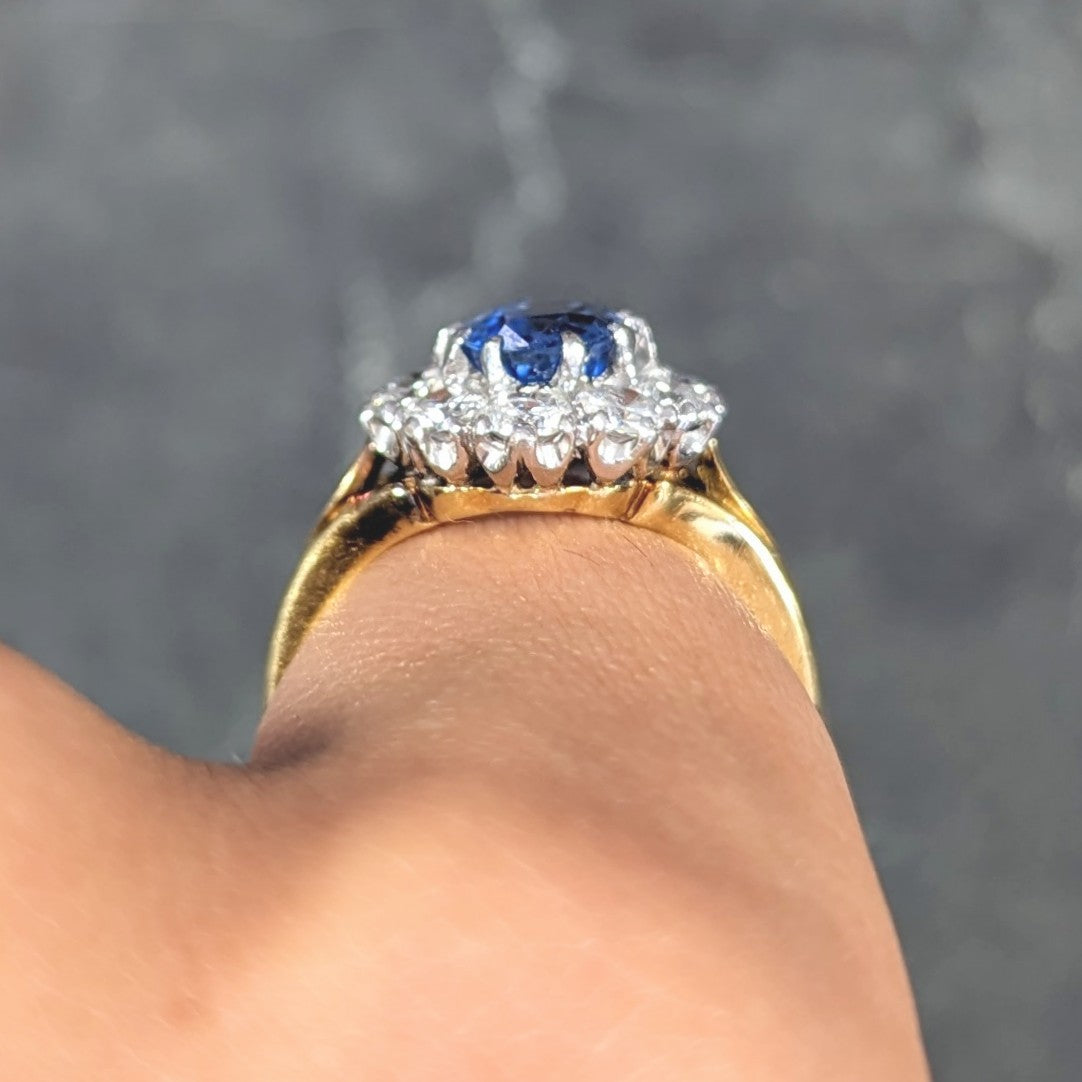 1980's 3.05 CTW Oval Cut No Heat Ceylon Sapphire Diamond 18 Karat Two-Tone Gold Vintage Halo Ring GIA Wilson's Estate Jewelry