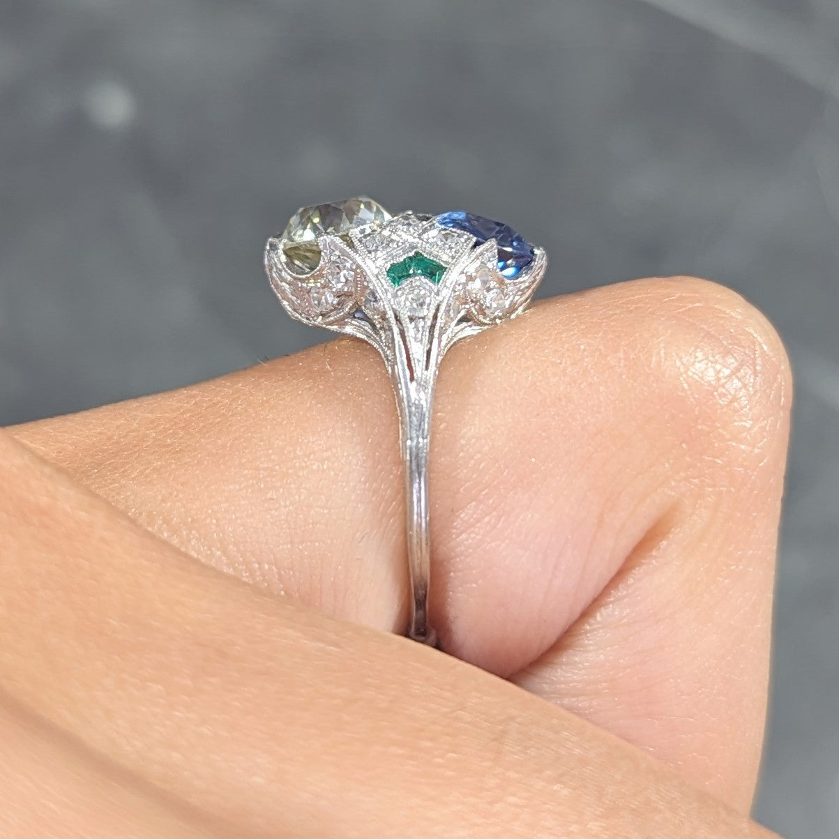 Art Deco 3.87 CTW Old European Cut Diamond Sapphire Emerald Platinum Toi-Et-Moi Vintage Alternative Dinner Ring GIA Wilson's Estate Jewelry