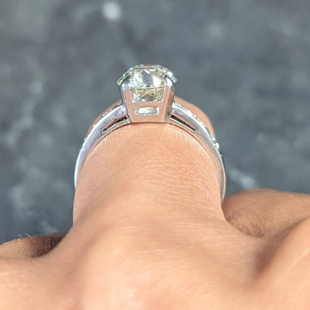 Mid-Century 2.19 CTW Fancy Light Yellow-Green Old Mine Cut Diamond Platinum Vintage Engagement Ring Wilson's Estate Jewelry