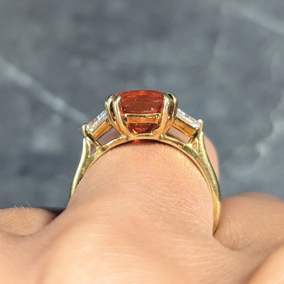 1980's 3.48 CTW Fire Opal Trillion Cut Diamond 18 Karat Yellow Gold Vintage Three Stone Ring Wilson's Estate Jewelry