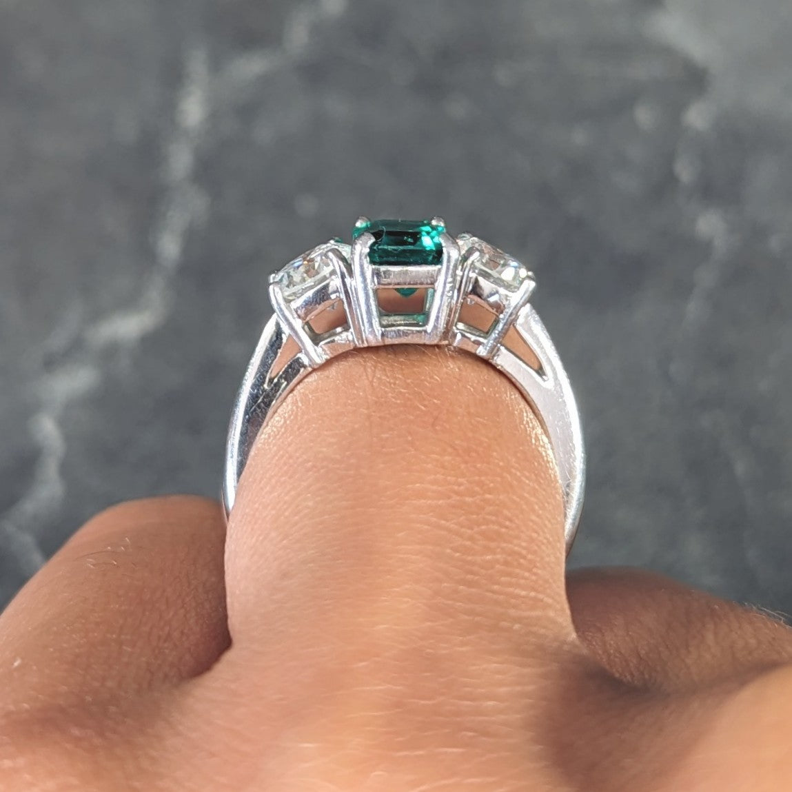 Mid-Century 2.27 CTW Emerald Diamond Platinum Vintage Three Stone Ring GIA Wilson's Estate Jewelry