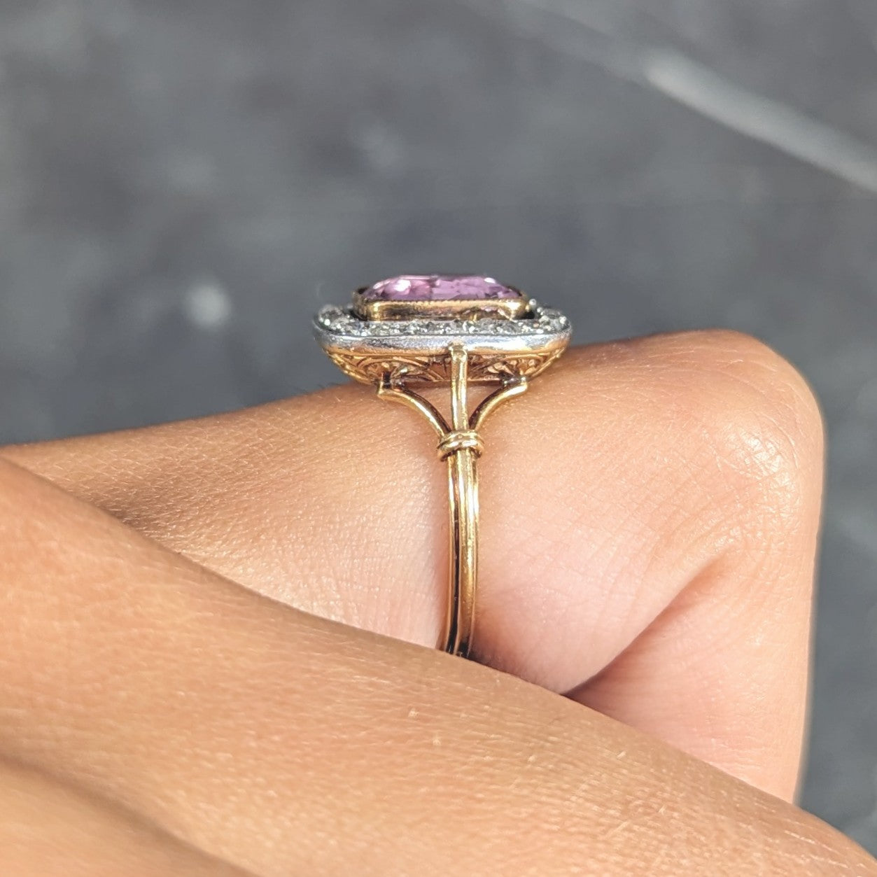 Victorian Pink Sapphire Diamond Platinum 18 Karat Gold Halo Antique Ring Wilson's Estate Jewelry