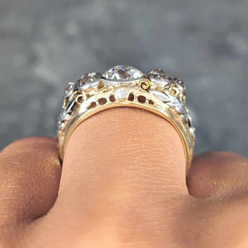 Arts & Crafts 1.95 CTW Old European Cut Diamond Platinum-Topped 14 Karat Yellow Gold Scrolling Foliate Antique Engagement Ring Wilson's Estate Jewelry