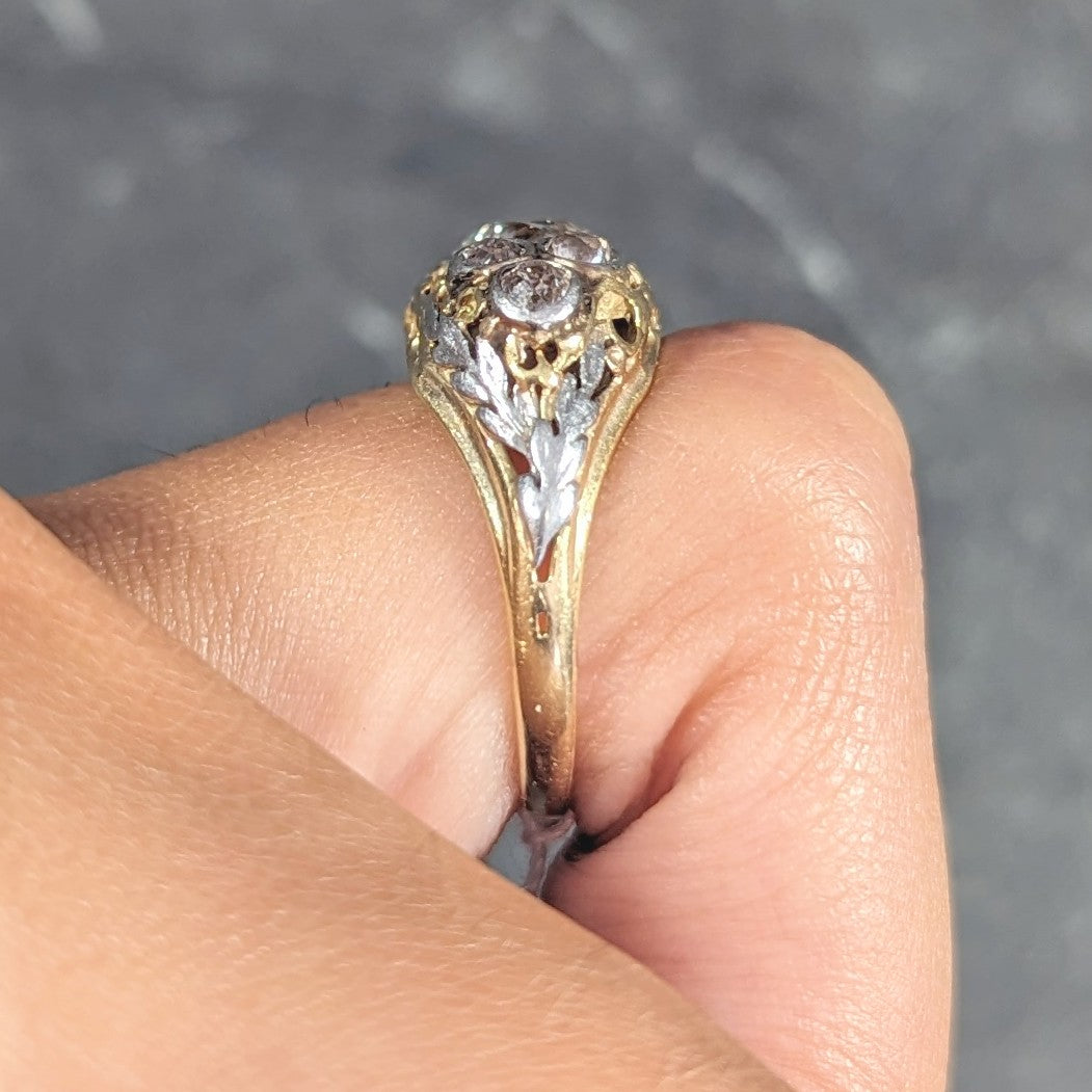 Arts & Crafts 1.95 CTW Old European Cut Diamond Platinum-Topped 14 Karat Yellow Gold Scrolling Foliate Antique Engagement Ring Wilson's Estate Jewelry