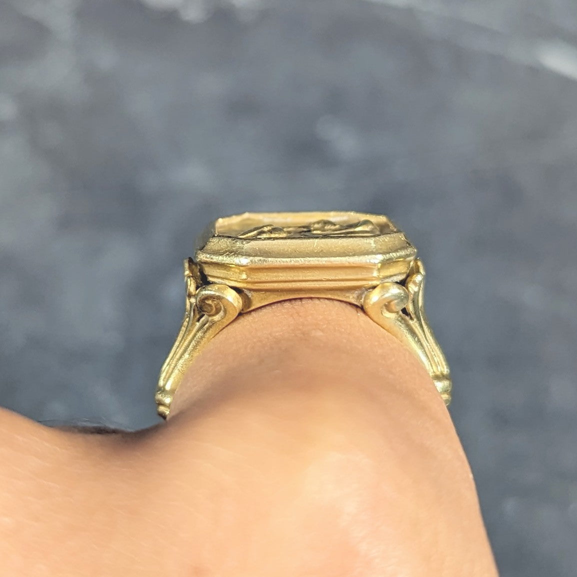 SeidenGang 1980s 18 Karat Yellow Gold Greek Hermes Unisex Vintage Signet Ring Wilson's Estate Jewelry