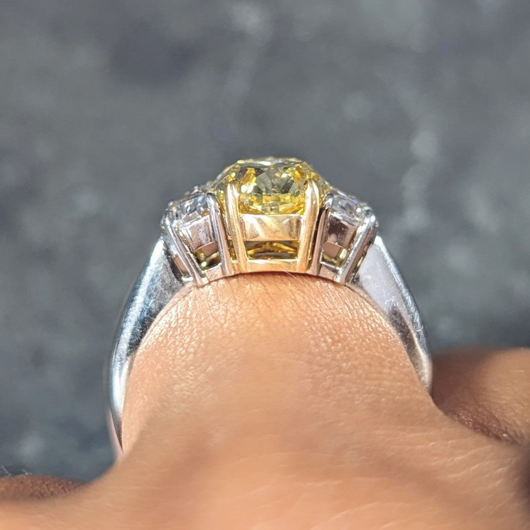 3.55 CTW Natural Fancy Intense Yellow Diamond Platinum 18 Karat Gold Ring GIA Wilson's Estate Jewelry