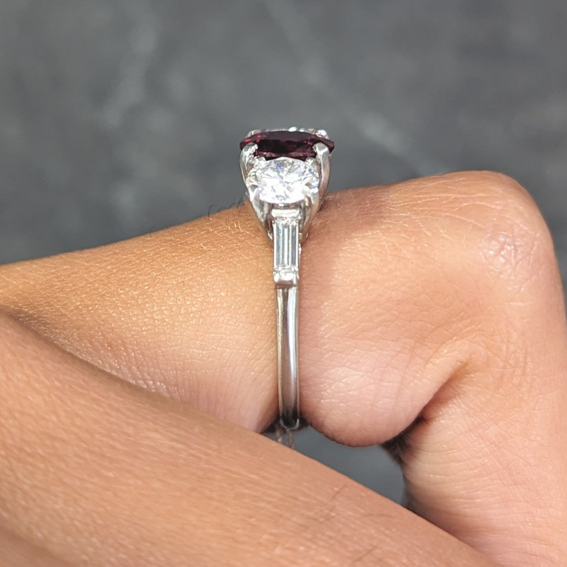 Mid-Century 2.84 CTW No Heat Ruby Diamond Platinum Vintage Three Stone Ring GIA Wilson's Estate Jewelry