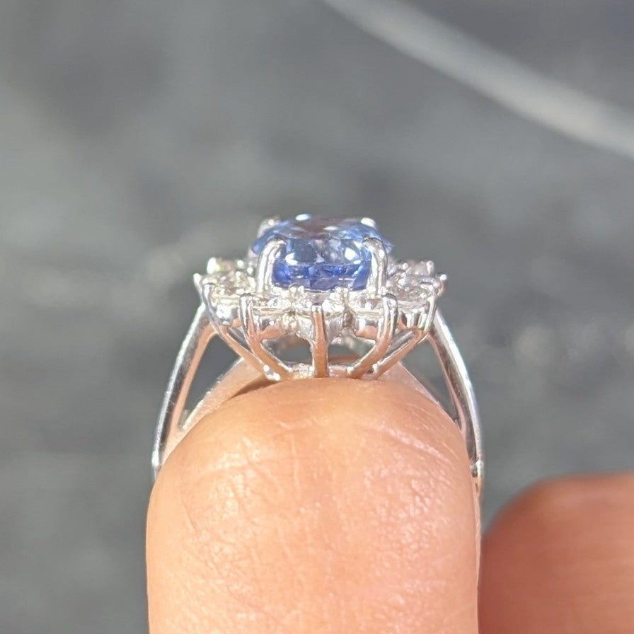 Mid-Century 4.99 CTW No Heat Sapphire Diamond 14 Karat White Gold Vintage Halo Ring GIA Wilson's Estate Jewelry