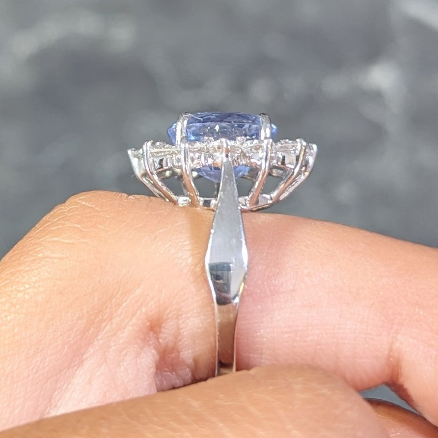 Mid-Century 4.99 CTW No Heat Sapphire Diamond 14 Karat White Gold Vintage Halo Ring GIA Wilson's Estate Jewelry