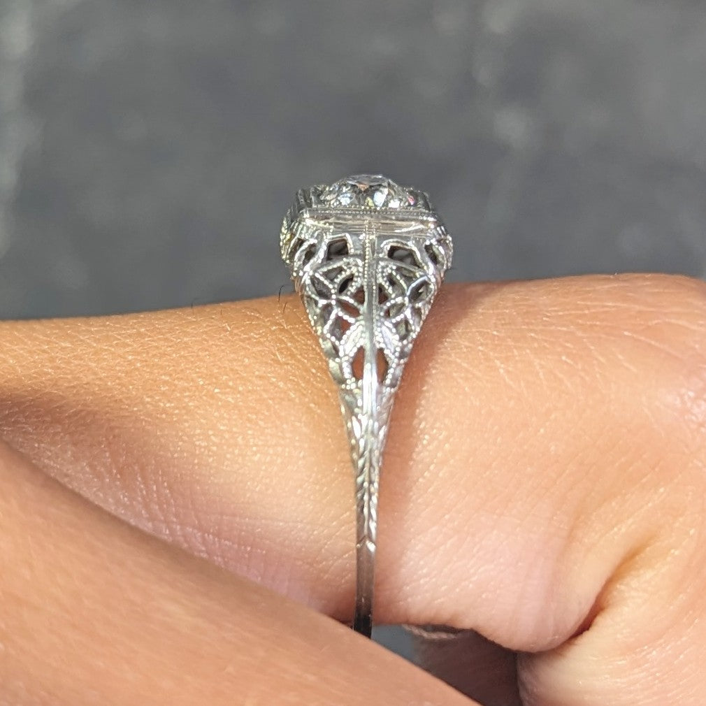 Art Deco 0.58 CTW Diamond 18 Karat White Gold Floral Vintage Engagement Ring Wilson's Estate Jewelry