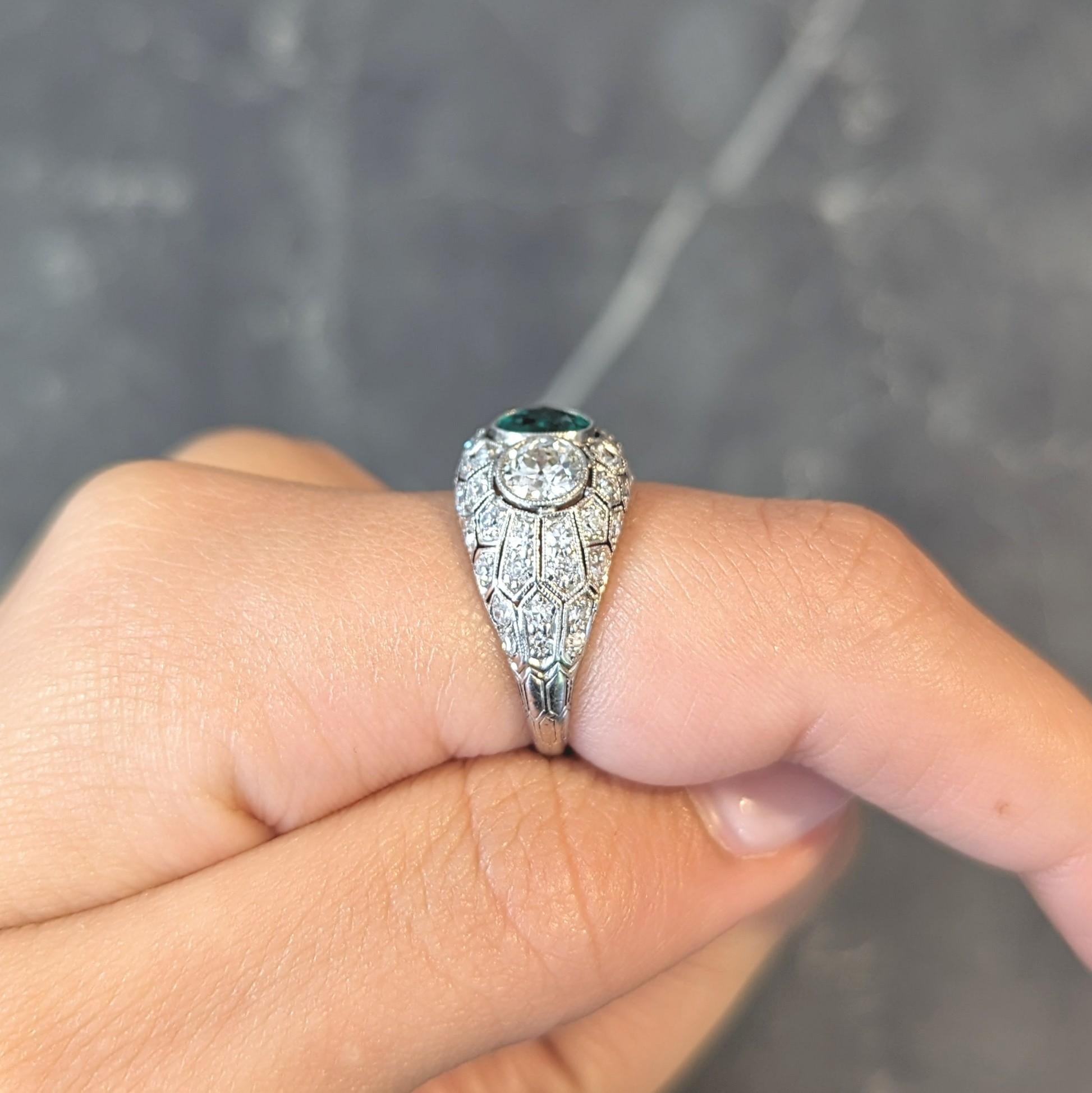 Art Deco 2.49 CTW Emerald Diamond Platinum Three Stone Antique Bombé Ring