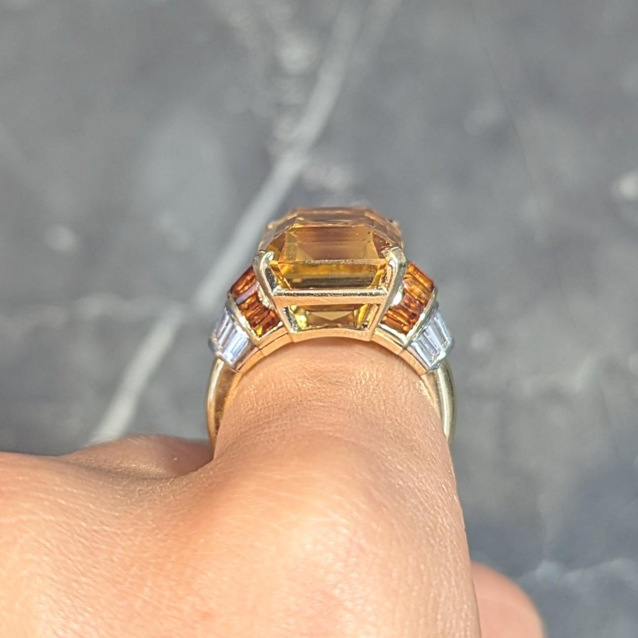 Mid-Century 14.85 CTW Citrine Diamond Platinum 18 Karat Gold Vintage Ring