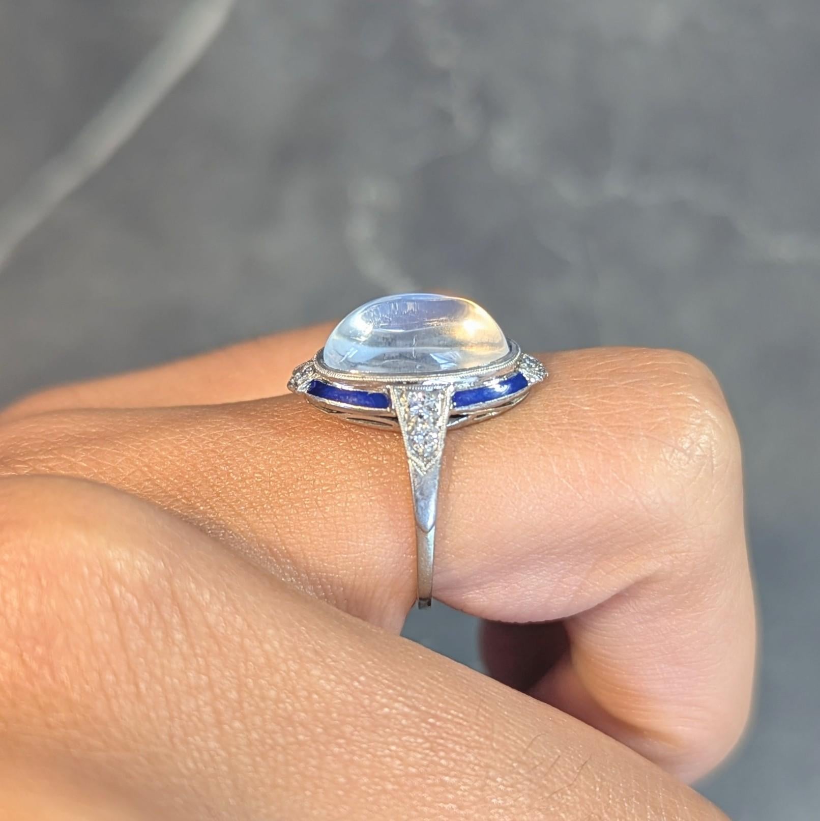 Art Deco Moonstone Diamond Enamel 18 Karat White Gold Antique Dinner Ring