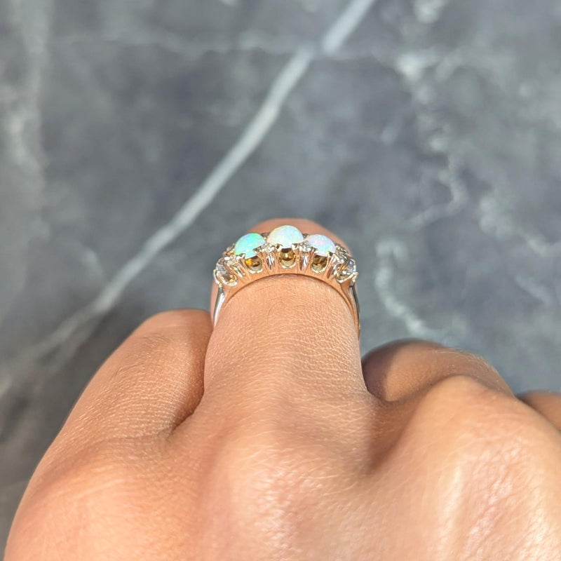 Victorian Opal Diamond 14 Karat Yellow Gold Antique Band Ring