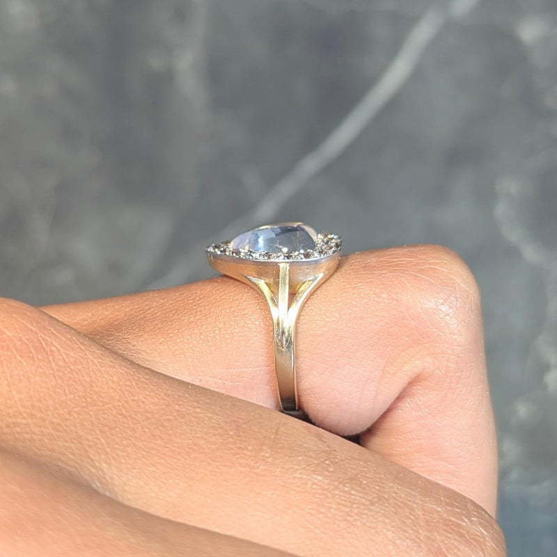 Edwardian Diamond Moonstone Platinum 14K Gold Antique Heart Halo Ring