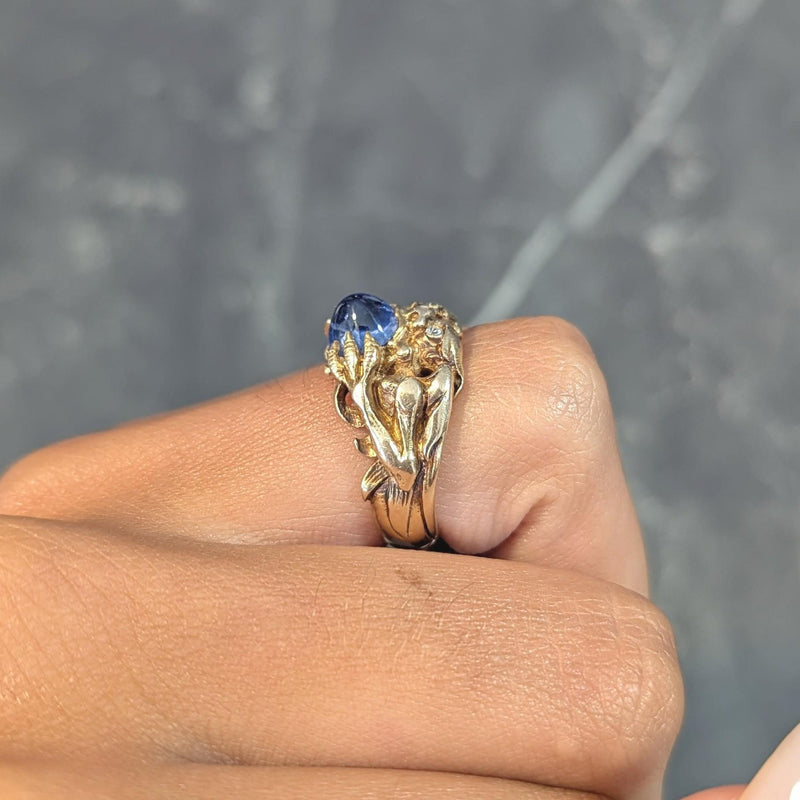 Art Nouveau 2.37 CTW Sapphire Cabochon Diamond 14K Gold Antique Gargoyle Ring