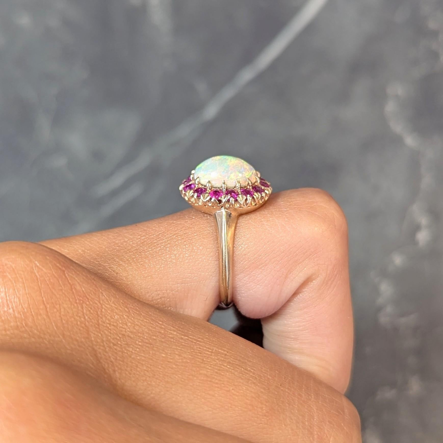 Retro Pink Sapphire Opal 14 Karat Yellow Gold Vintage Halo Ring