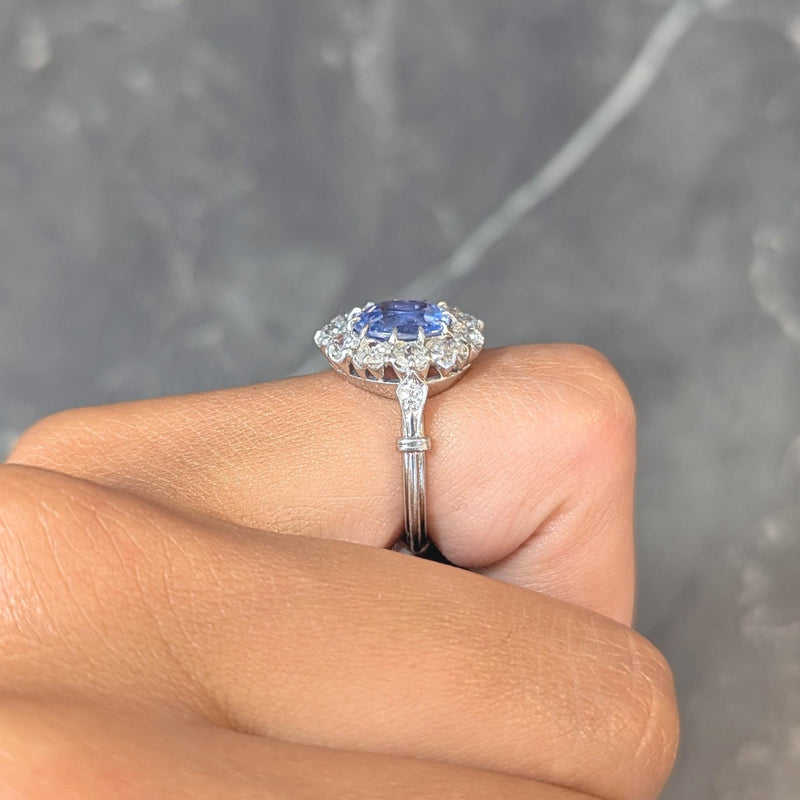 Art Deco 4.14 CTW No Heat Ceylon Sapphire Diamond Platinum Vintage Halo Ring GIA