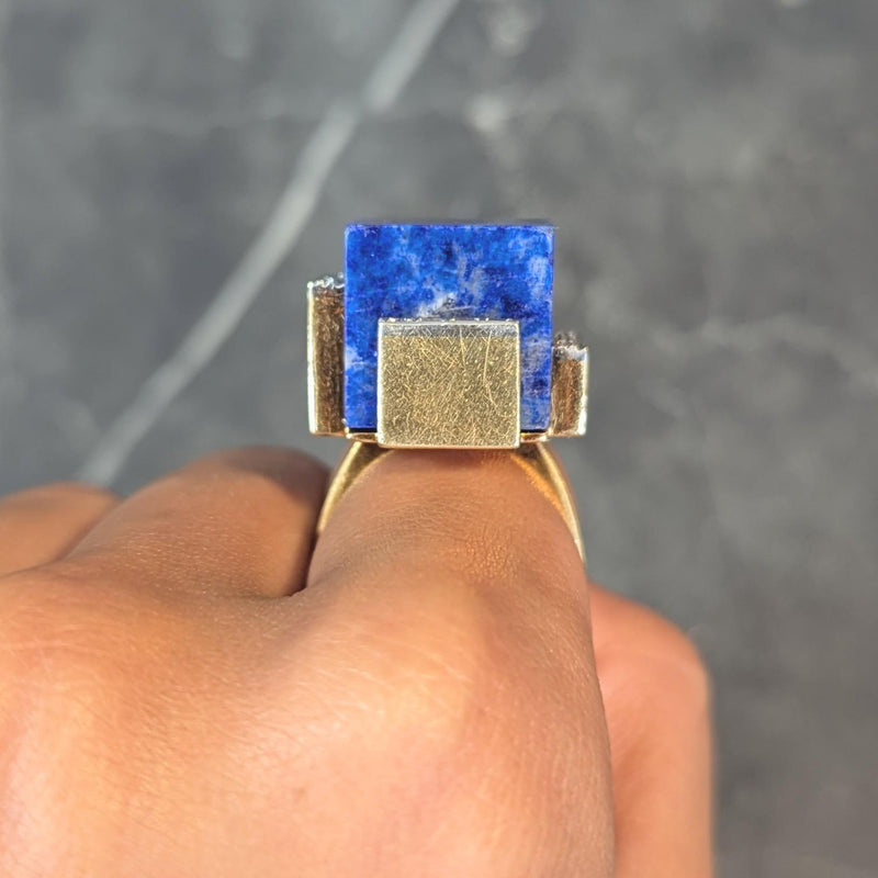 Dutch Modernist Lapis Lazuli Diamond Platinum 18 Karat Gold Vintage Cube Ring