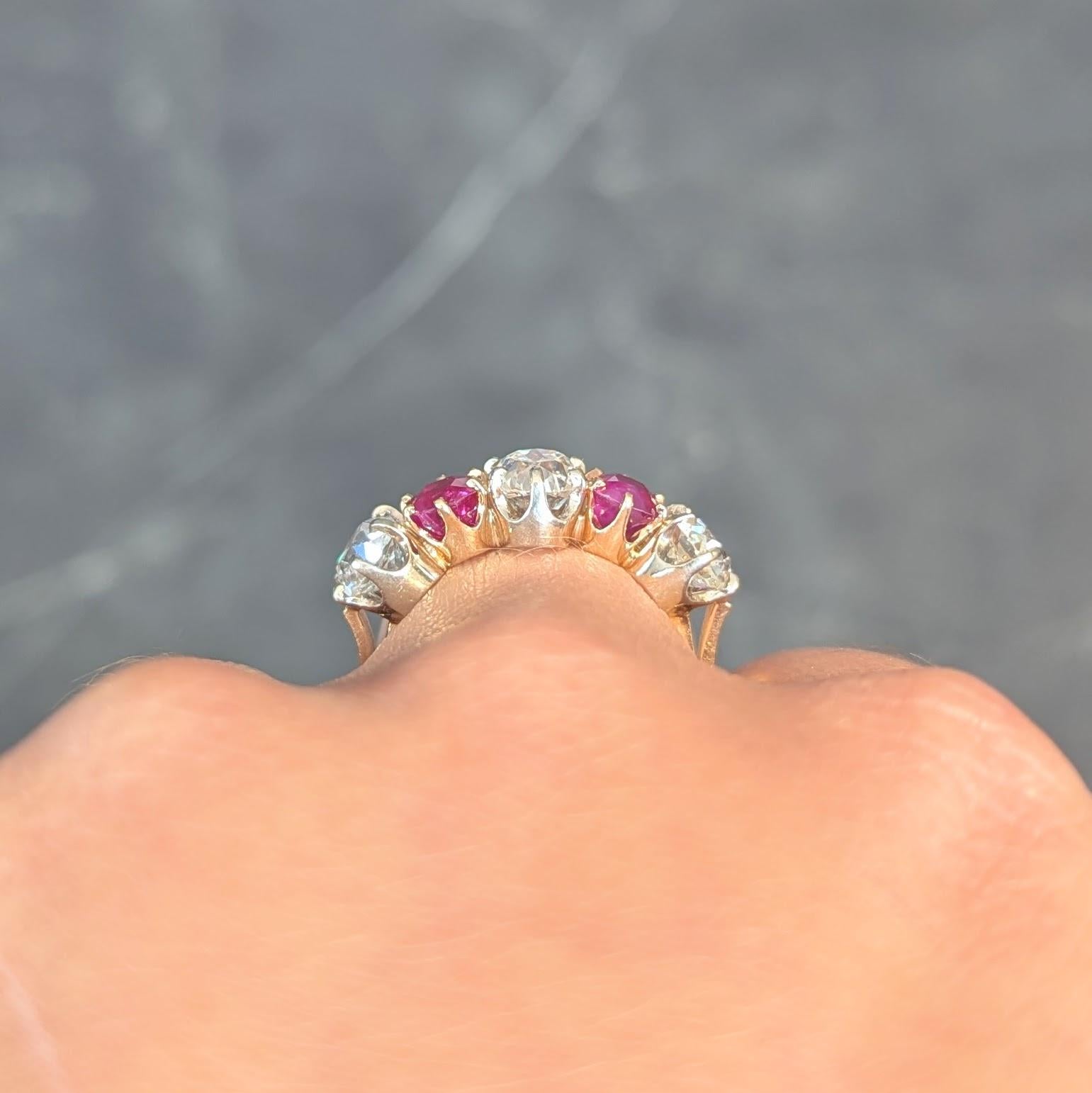 Victorian 3.62 CTW Ruby Old Mine Cut Diamond 14 Karat Two-Tone Gold Band Ring