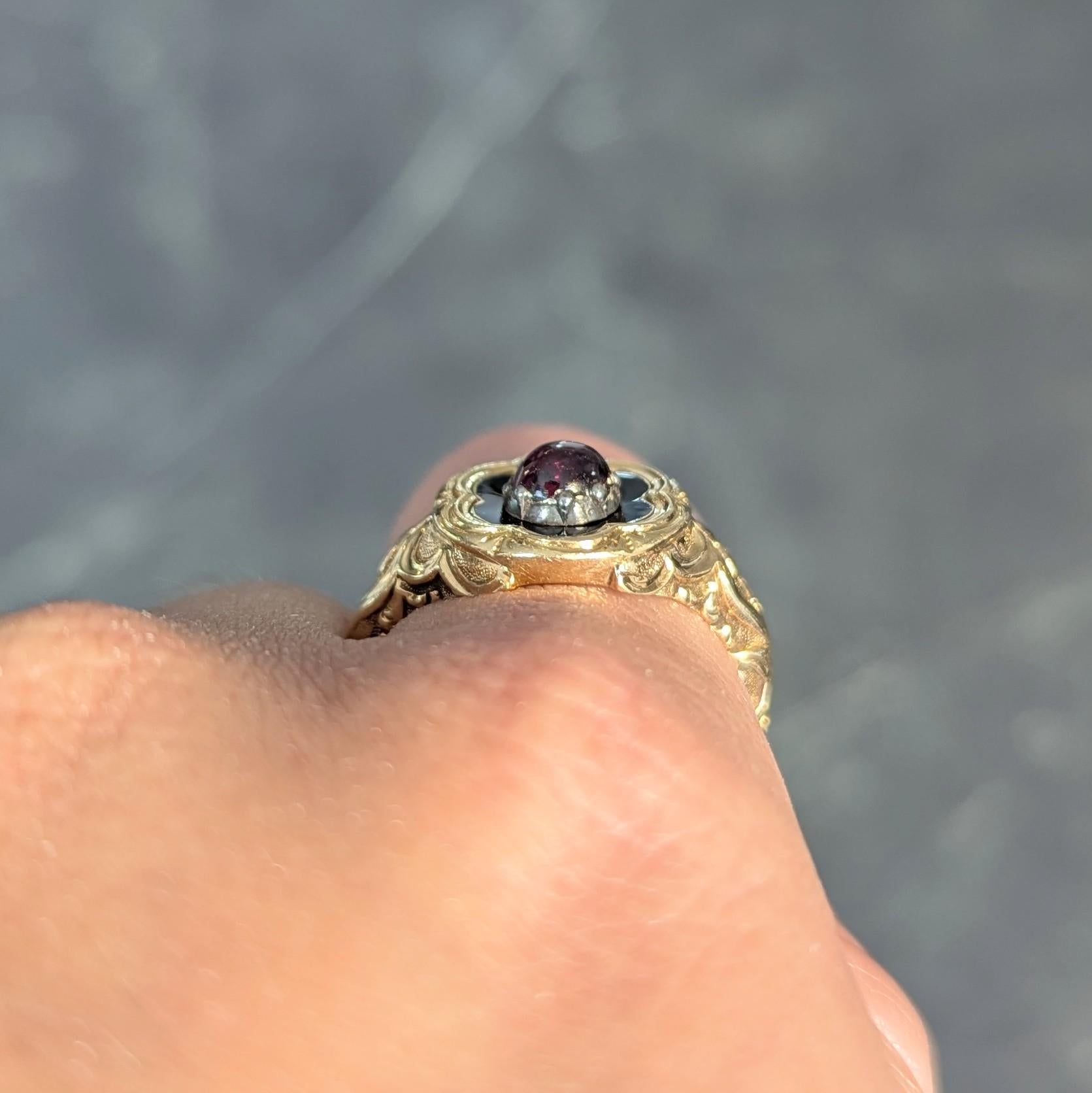 Late Victorian Ruby Enamel 14 Karat Gold Silver Antique Flower Mourning Ring