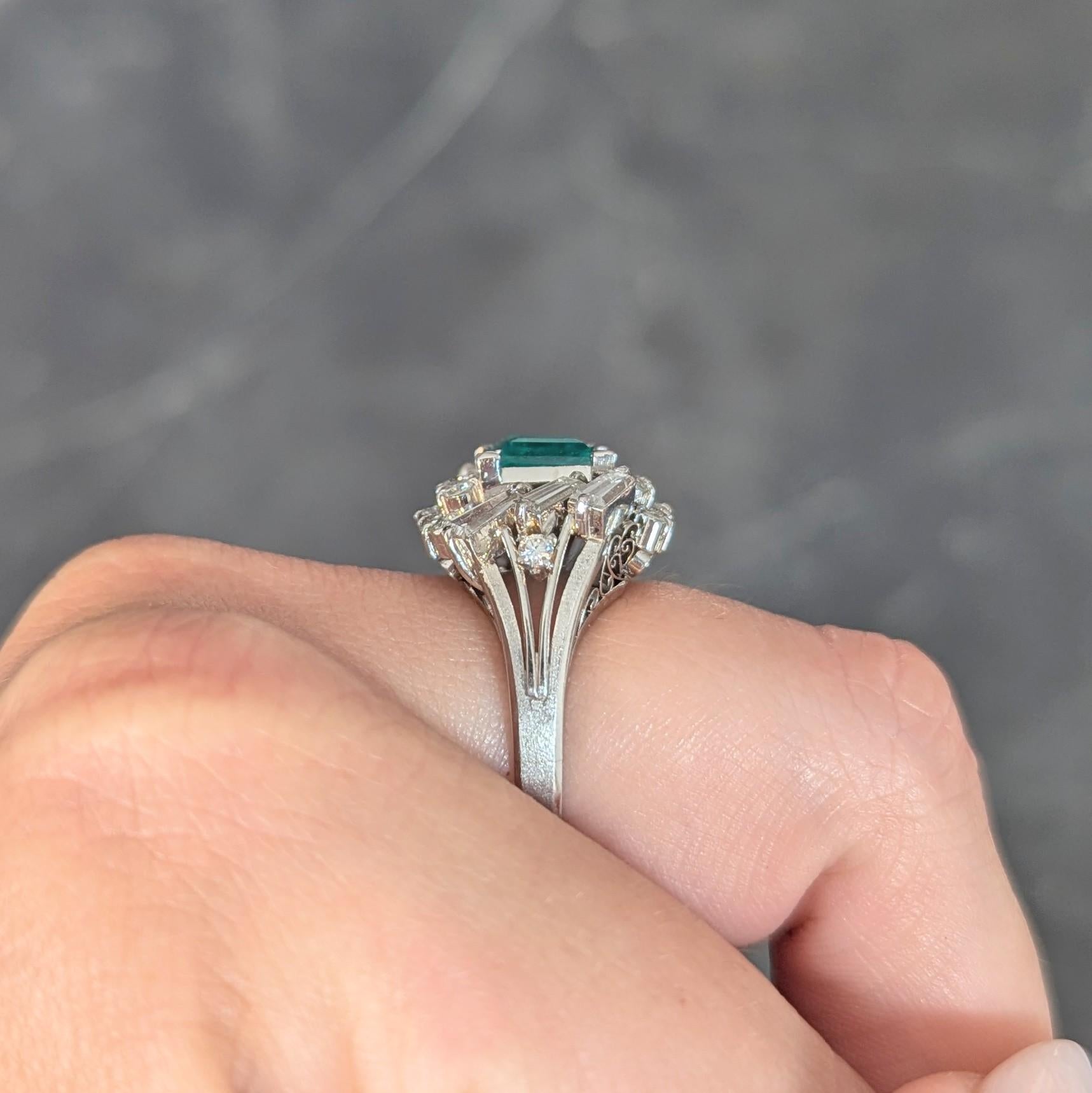 Mid-Century 2.79 CTW Colombian Emerald Diamond Platinum Vintage Cluster Ring GIA